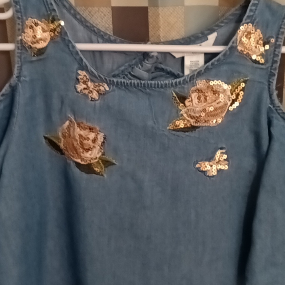 FINAL PRICE GUESS denim cut-out shoulder embroidered dress Sz M 10/12